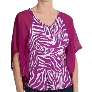 Joan Vass Animal Flounce Blouse Sheer Wing Sleeve Magenta Fuchsia Zebra Sz L